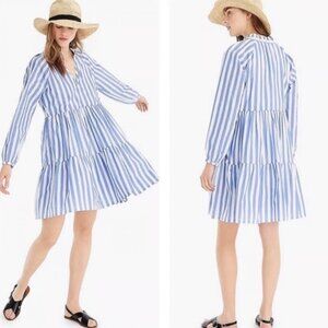 J.Crew Blue White Striped Cotton Poplin Tiered Pockets Coastal Casual Dress SM
